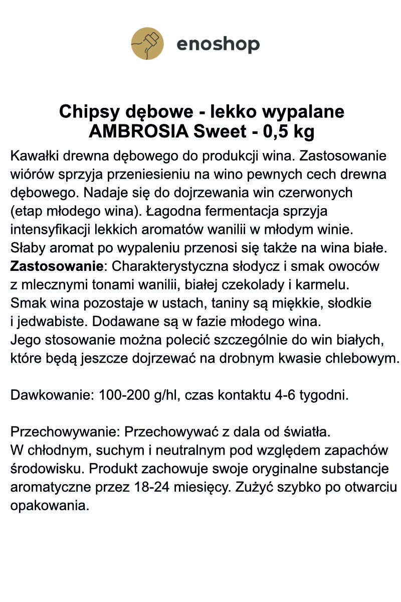 Chipsy dębowe AMBROSIA Sweet - lekko wypiekane 0,5 kg